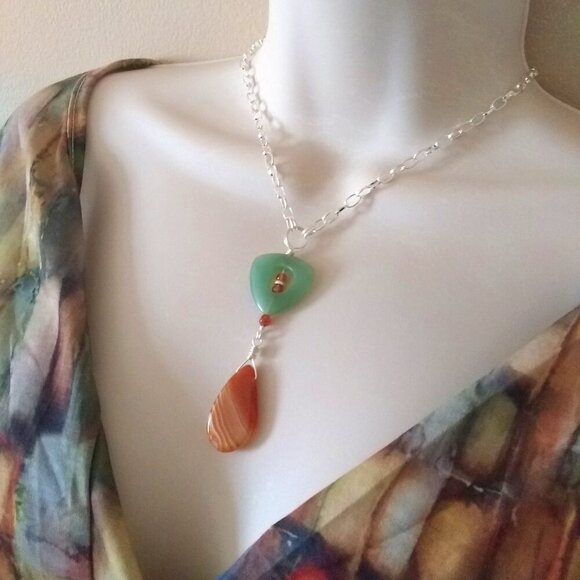Green Aventurine & Orange Banded Agate "Y" Necklace! Prosperity Feminine Essence - Picture 1 of 11